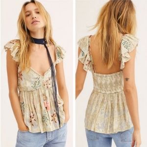NEW FREE PEOPLE Sz XL ALL THAT SHIMMERS EMBROIDERED JACQUARD FLUTTER SLEEVE TOP